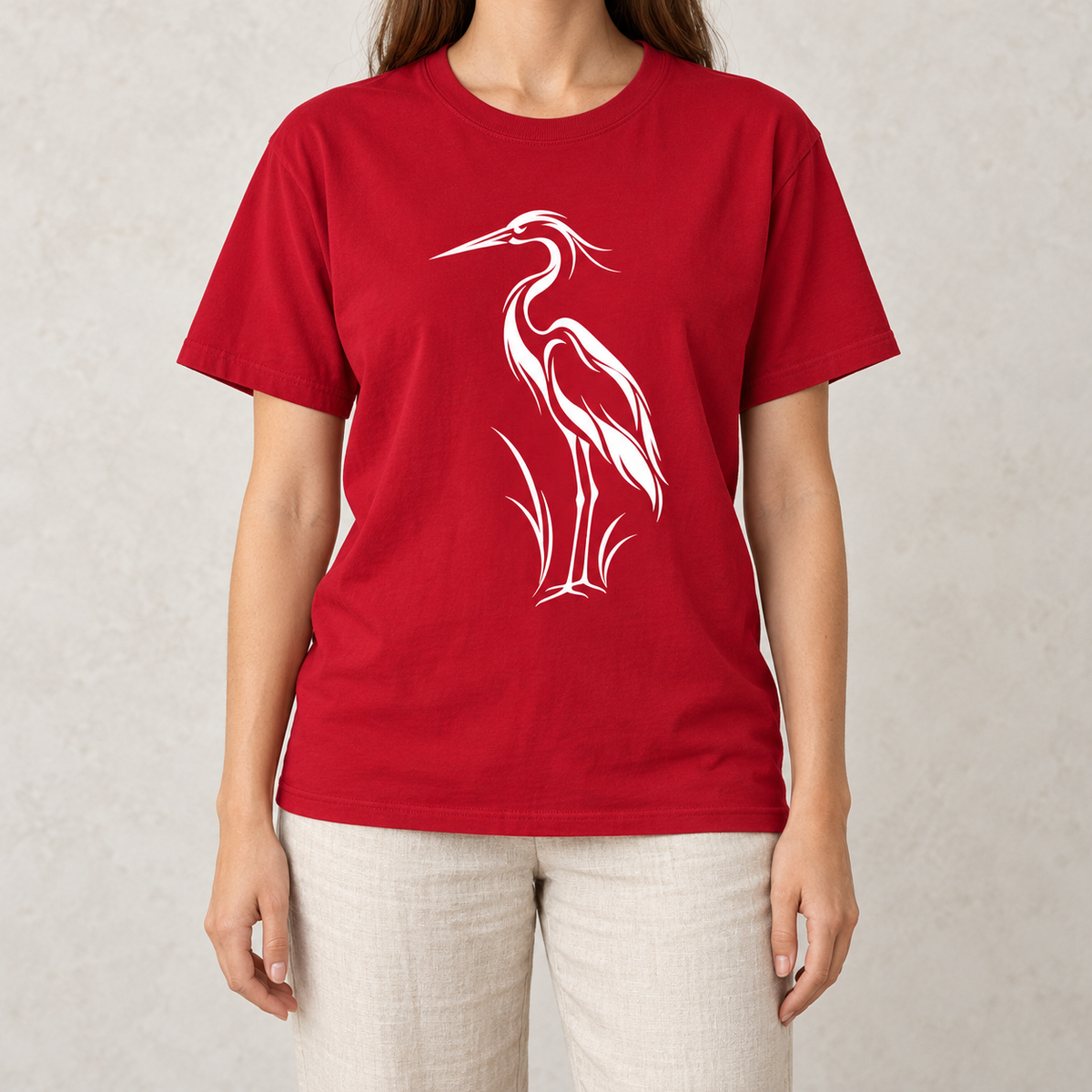 Flowing Great Blue Heron T-Shirt in Red — white line-art heron on a garment-dyed Comfort Colors tee