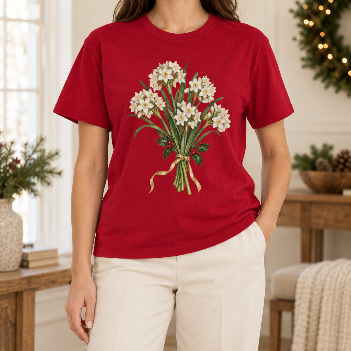 December birth flower t-shirt in Red – the holiday version, paperwhites and holly on a garment-dyed red Comfort Colors tee