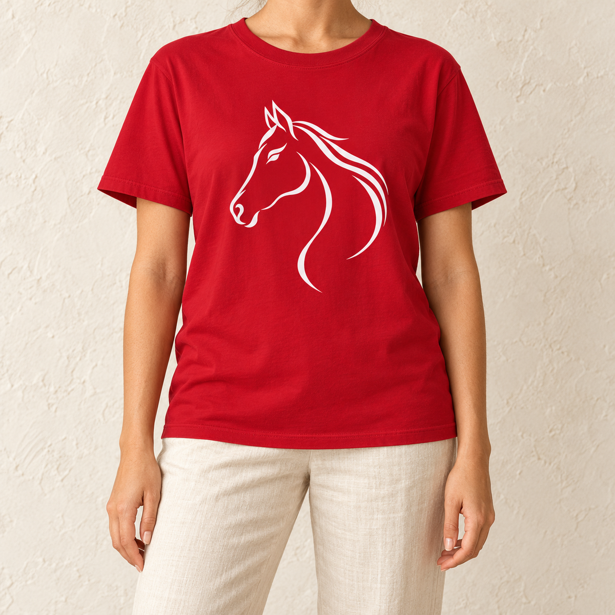 Flowing White Horse Profile T-Shirt in Red - white line-art horse head on a true red Comfort Colors tee