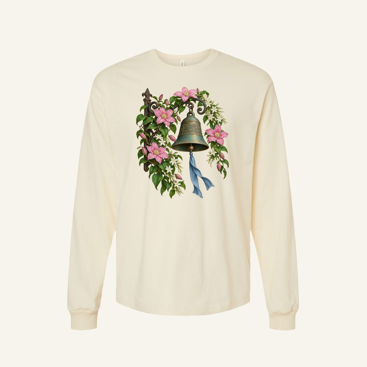 Ring When You Get Here long-sleeve t-shirt — an ornate garden bell hanging among pink blooms, white flowers and climbing green leaves