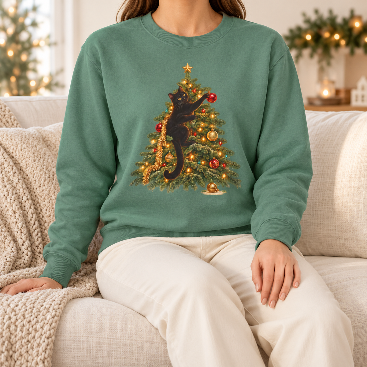 Black cat Christmas sweatshirt in Light Green sage worn by a woman at home for the holidays – cat climbing the Christmas tree printed on the chest