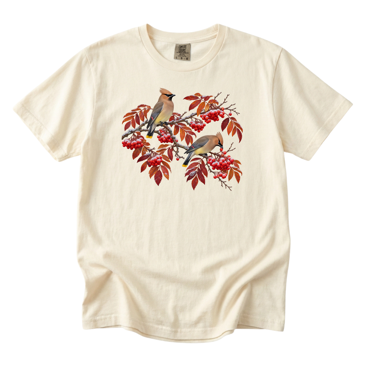 Save Me a Branch tee in Ivory, two cedar waxwings among red berries and turning leaves