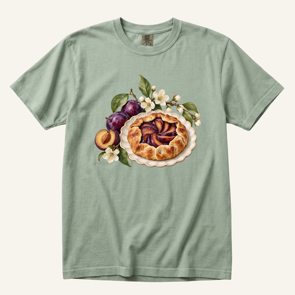 Saved You a Slice T-Shirt in Bay — soft sage green with the plum galette and blossoms