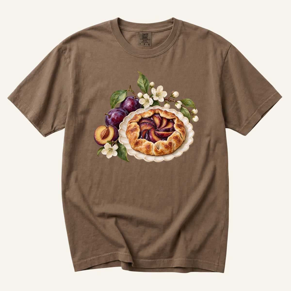 Saved You a Slice T-Shirt in Espresso — warm brown behind the golden pastry and deep plum fruit