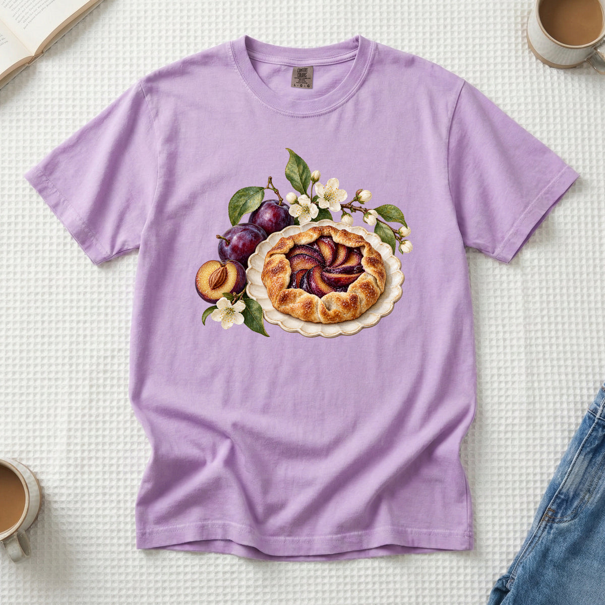 Saved You a Slice T-Shirt in Orchid — soft lilac with the plum galette, a home baker gift on garment-dyed cotton