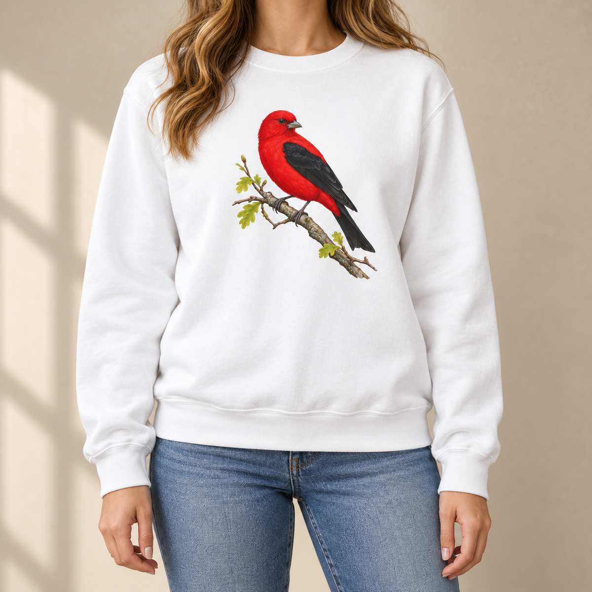 Scarlet Tanager sweatshirt worn — editorial photo of the red bird on an oak branch printed on a garment-dyed Comfort Colors crewneck