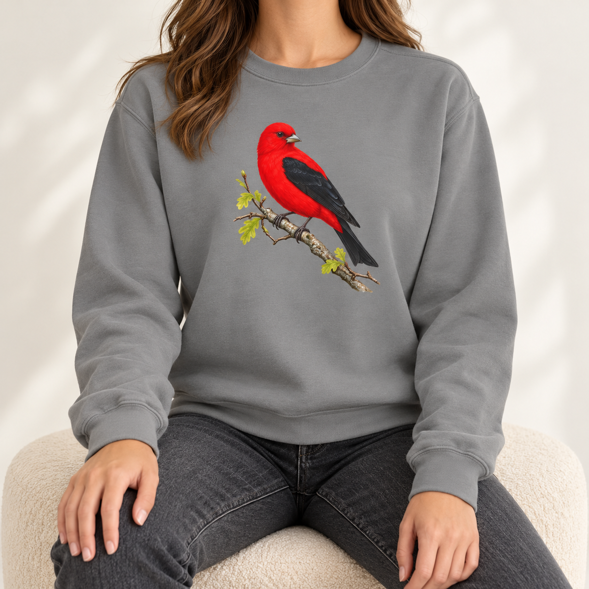 Scarlet Tanager sweatshirt in Grey — red bird with black wings on a spring oak branch, garment-dyed Comfort Colors crewneck