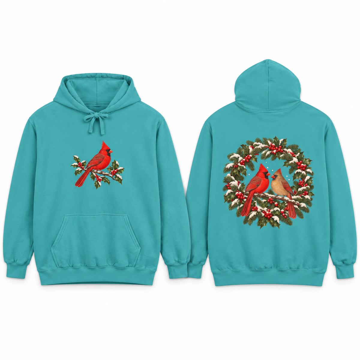 Winter Cardinal hoodie in Seafoam, front and back prints side by side
