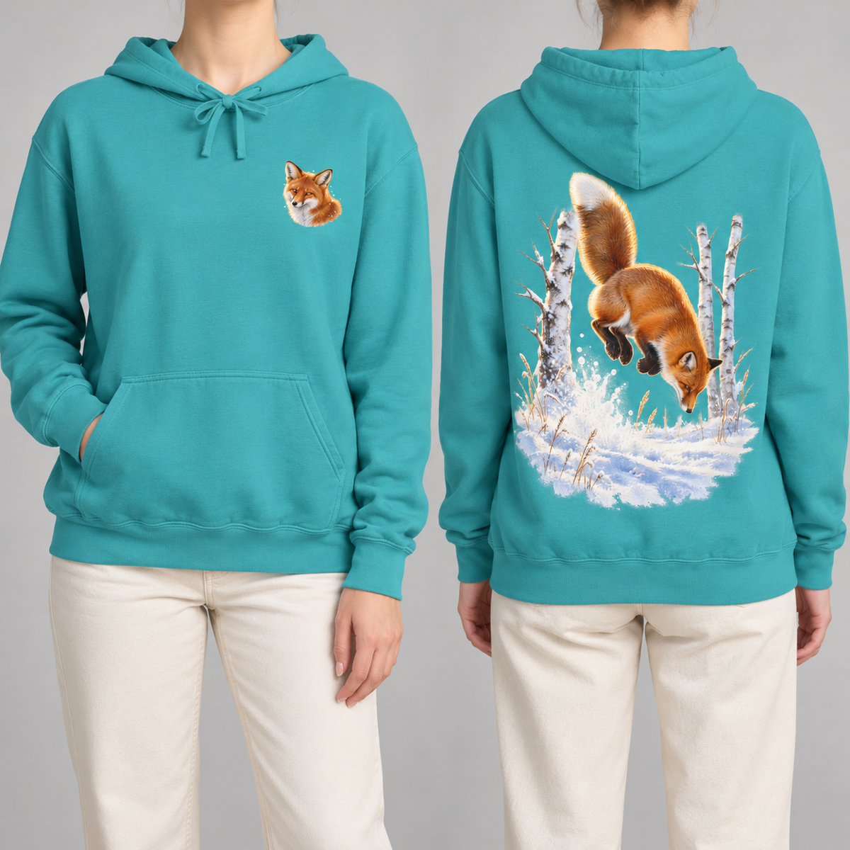 Red Fox Pounce hoodie in Seafoam, front fox crest and back pounce print