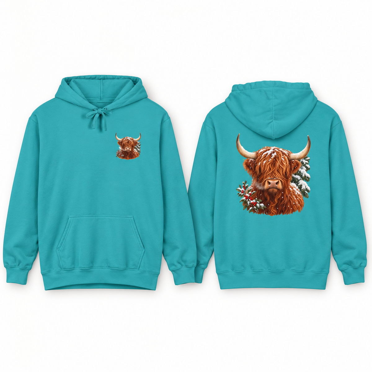 Winter Highland Cow hoodie in Seafoam, front crest and back portrait shown side by side