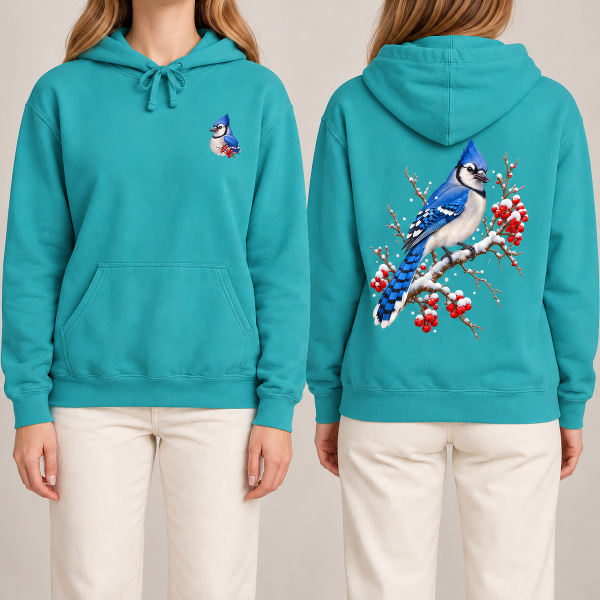 Blue Jay Winterberry hoodie in Seafoam, front blue jay crest and back print