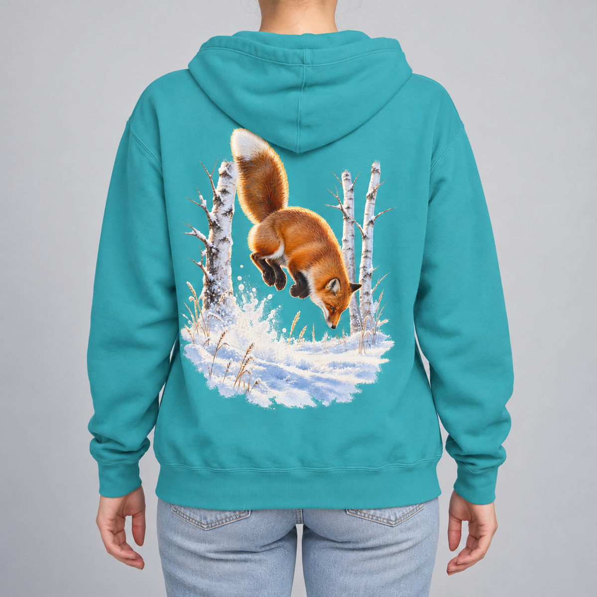 Red Fox Pounce hoodie in Seafoam, back view of the snowy red fox print