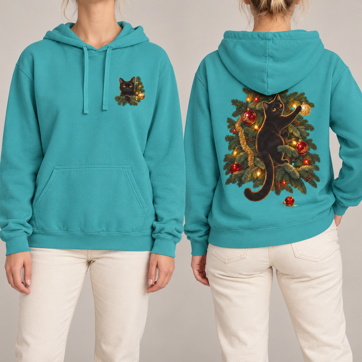 Black Cat Christmas hoodie in Seafoam, front crest and back scene shown side by side