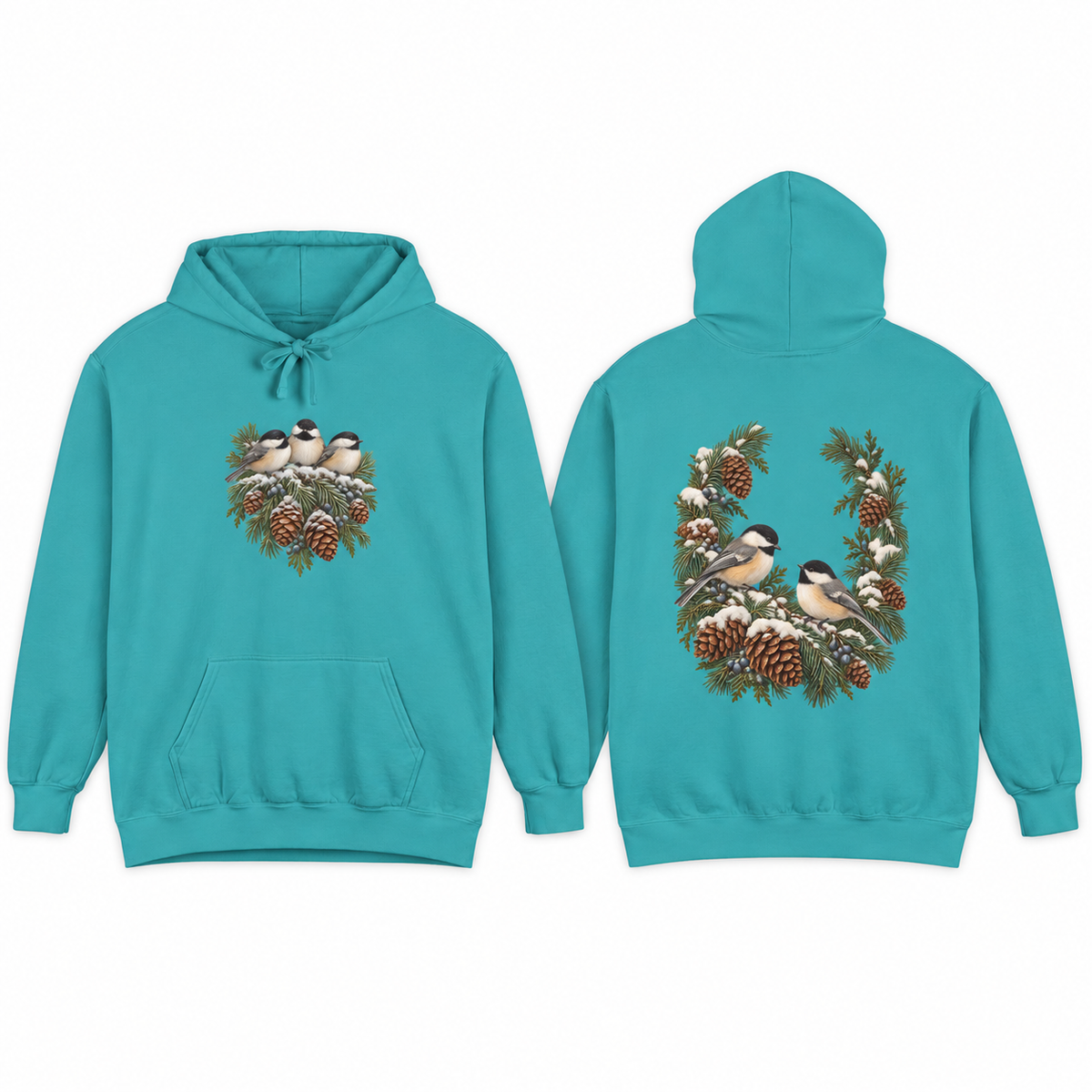 Winter Chickadee hoodie in Seafoam, front and back prints side by side