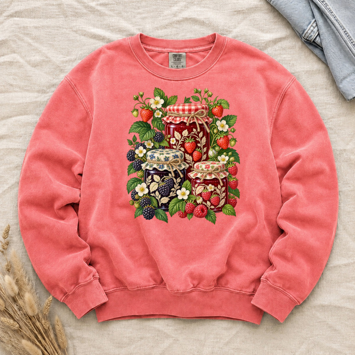 Berry Jam Jars & Botanical Sweatshirt in Watermelon — a bright fruit-themed option echoing the strawberries