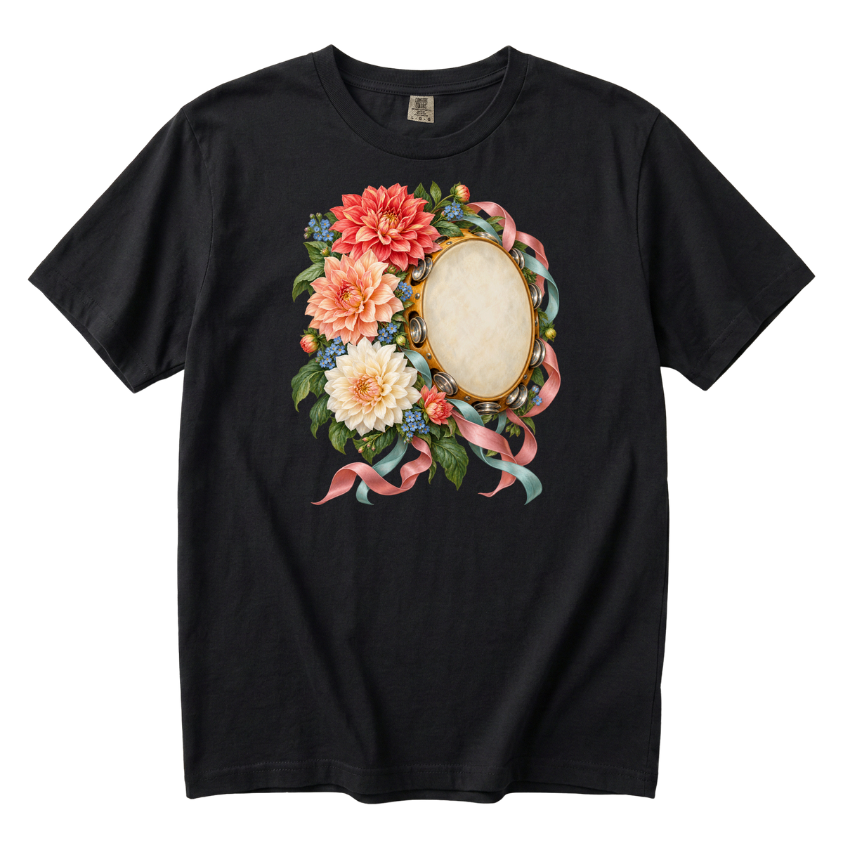 She Brought the Rhythm t-shirt — a vintage tambourine among coral and cream dahlias with pink and teal ribbons