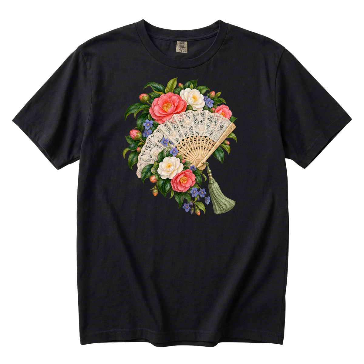 She Came Prepared vintage floral fan t-shirt in Black — open cream lace fan with a golden frame and sage tassel among coral and ivory flowers, garment-dyed Comfort Colors 1717 tee