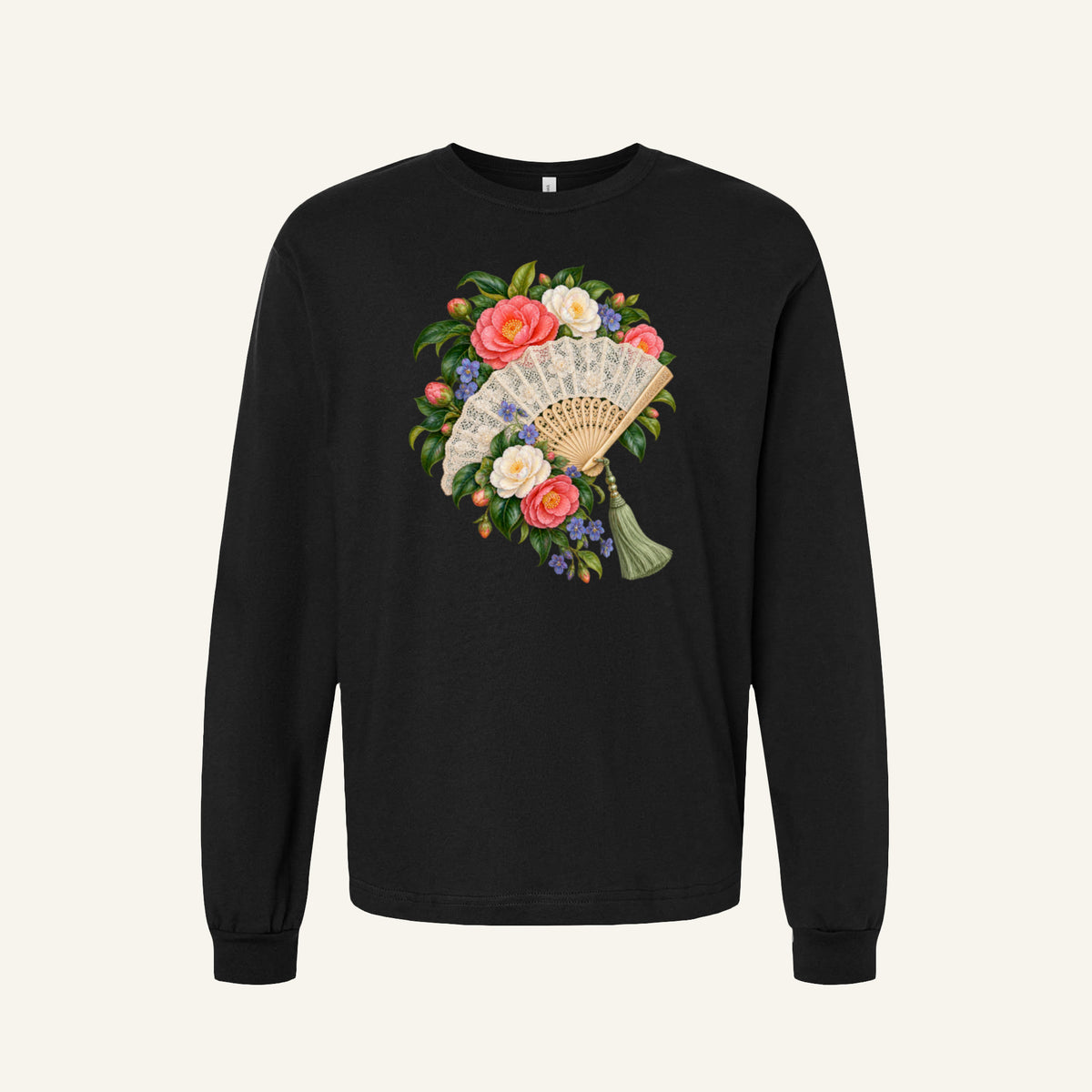She Came Prepared long-sleeve t-shirt — an open cream lace fan with a sage tassel among coral and cream flowers
