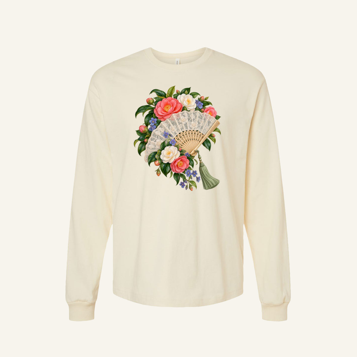 She Came Prepared — Vintage Floral Fan Long-Sleeve T-Shirt
