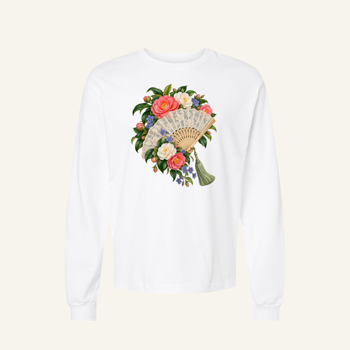 She Came Prepared — Vintage Floral Fan Long-Sleeve T-Shirt