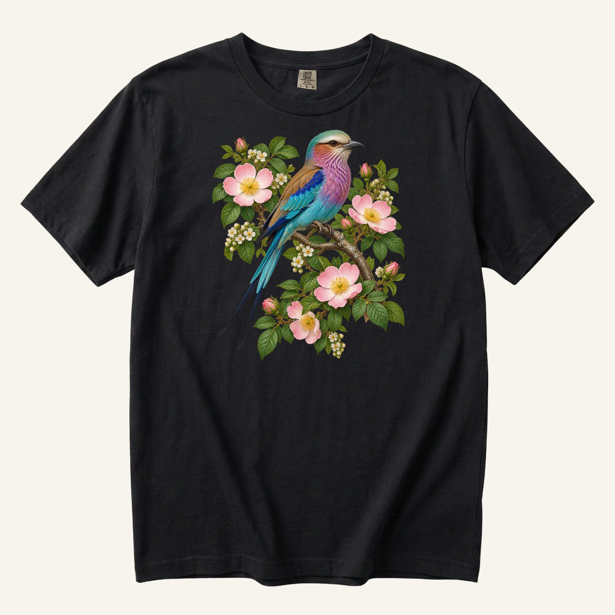 She Chose the Bright One colorful bird t-shirt in Black — jewel-toned bird with turquoise wings and a lilac breast among pink wild roses, garment-dyed Comfort Colors 1717 tee