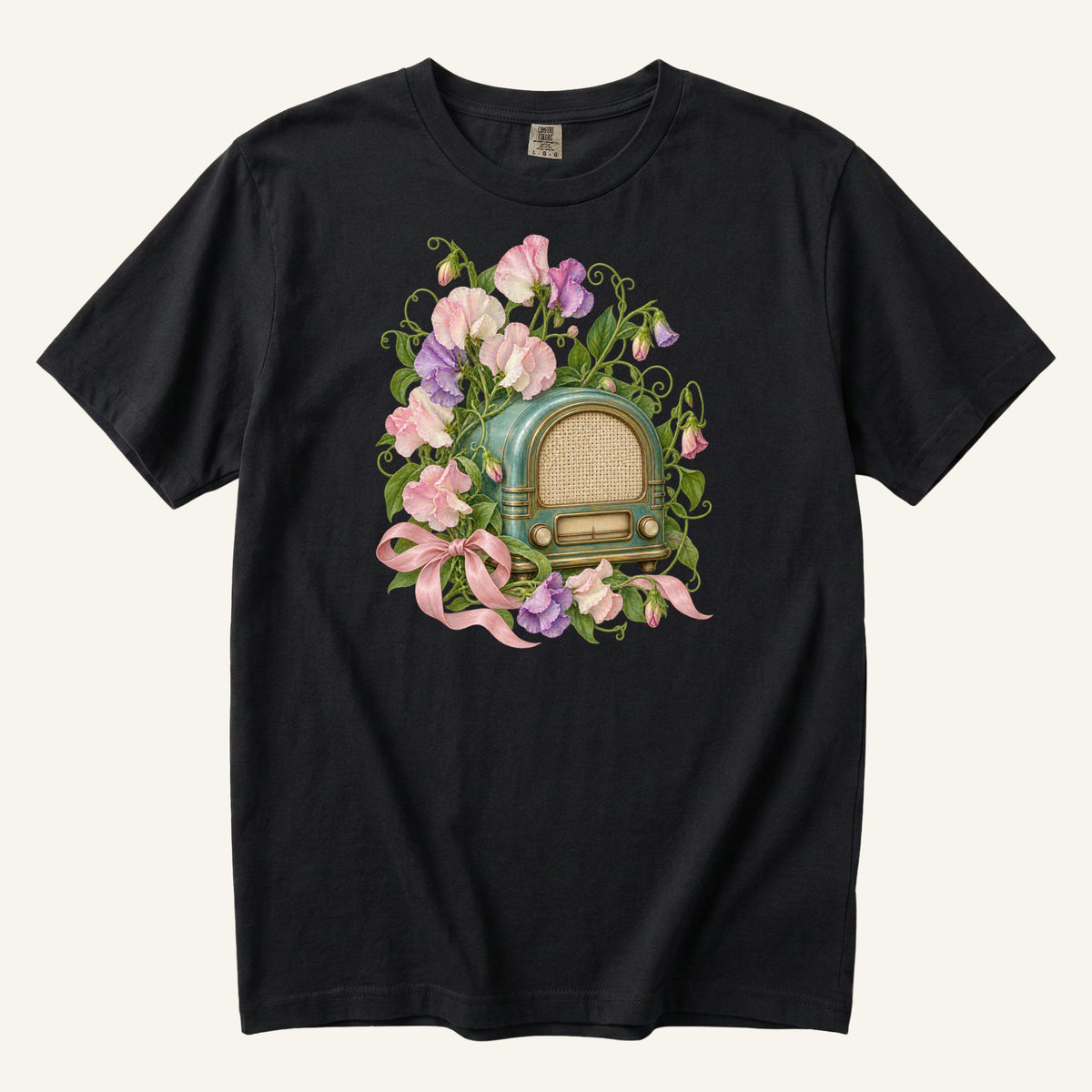She Knew Every Word T-Shirt in Black — pink sweet pea blossoms and brass details at full contrast