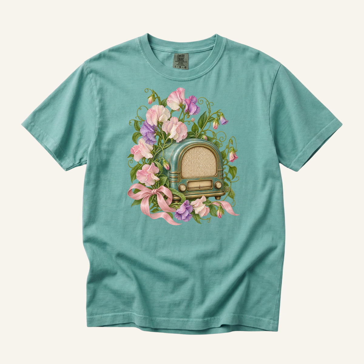 She Knew Every Word T-Shirt in Chalky Mint — a soft retro green coordinating with the vintage radio