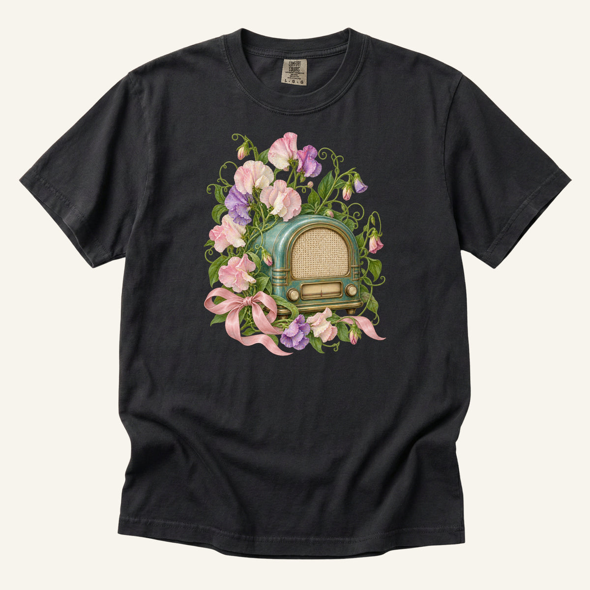 She Knew Every Word T-Shirt in Graphite — pale sweet peas and a pink ribbon glowing against dark grey