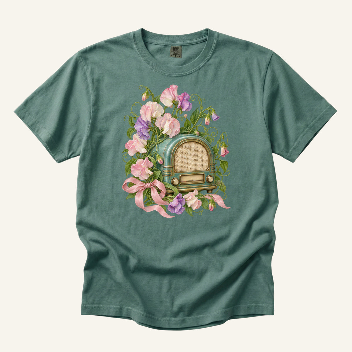She Knew Every Word T-Shirt in Light Green — a garden shade bringing the pink sweet peas forward