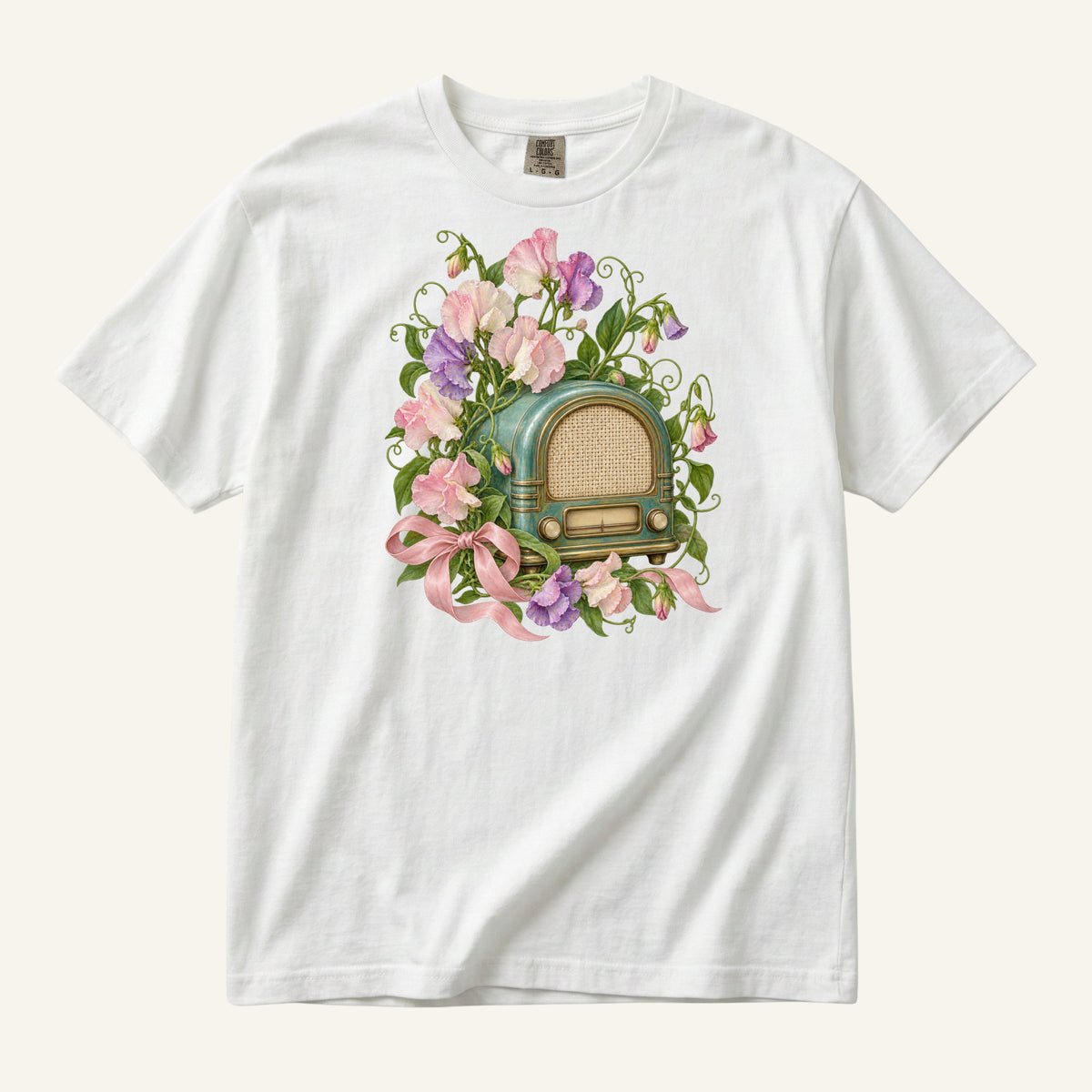 She Knew Every Word T-Shirt in White — a vintage green radio among pink and purple sweet peas, sizes S to 4XL