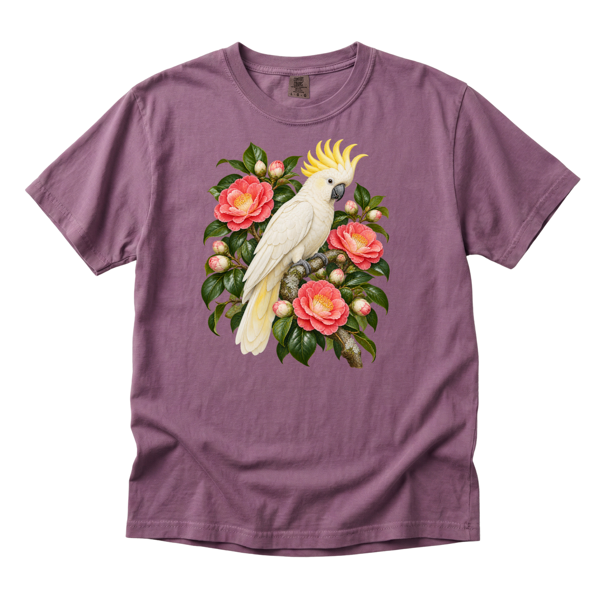 She Makes an Entrance premium cockatoo tee in Berry, a crested cockatoo among pink blooms