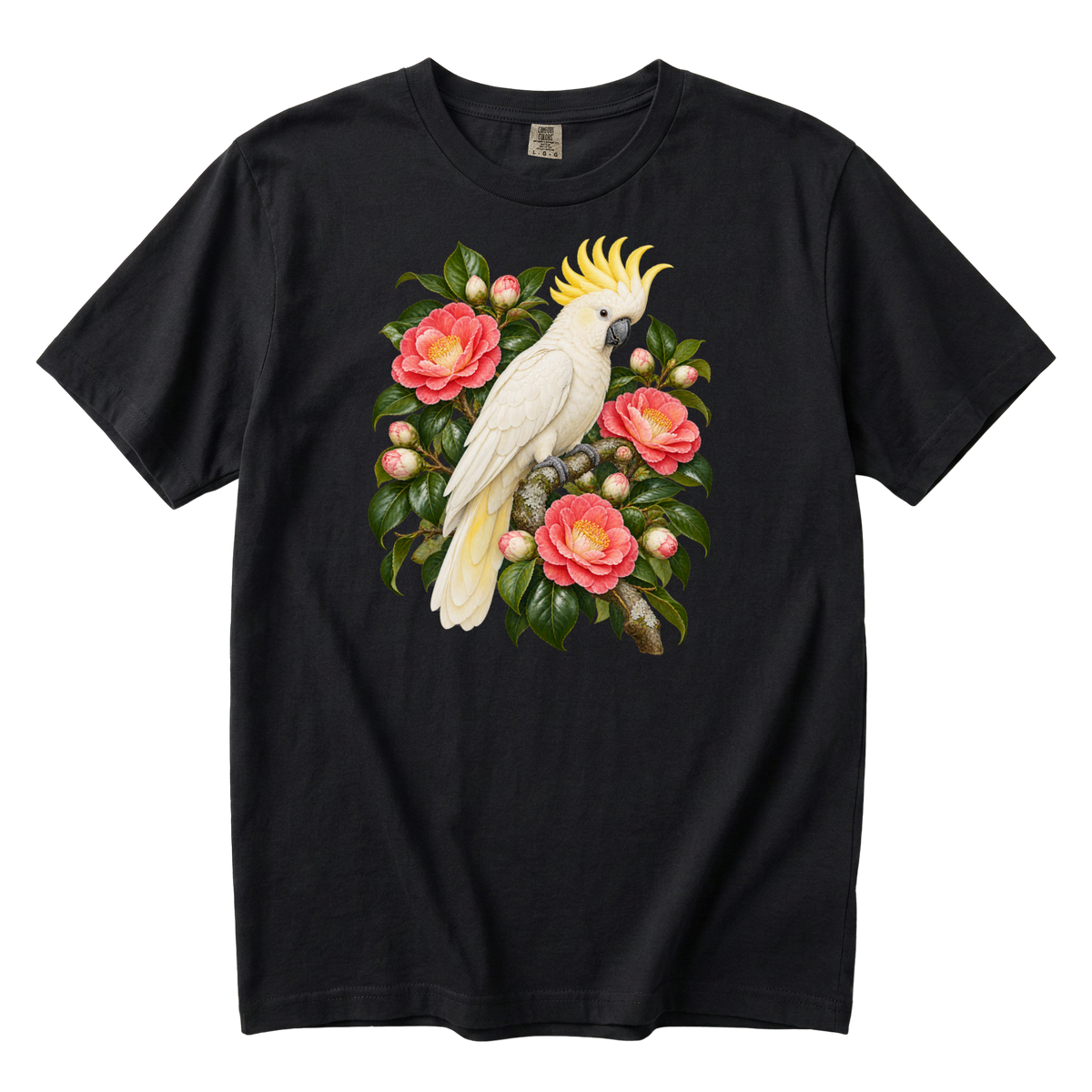 She Makes an Entrance premium cockatoo tee in Black, a white cockatoo and coral flowers