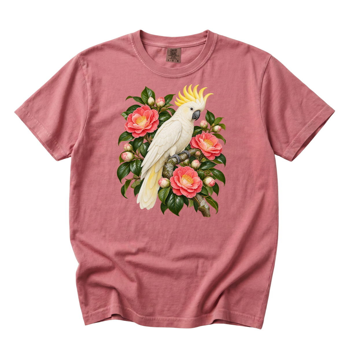 She Makes an Entrance premium cockatoo tee in Crimson, a white cockatoo with a yellow crest