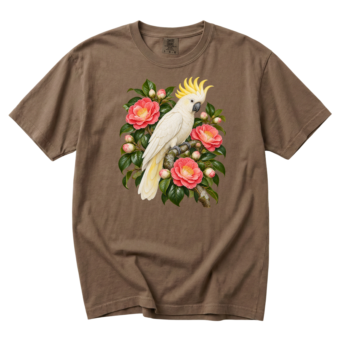 She Makes an Entrance premium cockatoo tee in Espresso, a botanical bird portrait