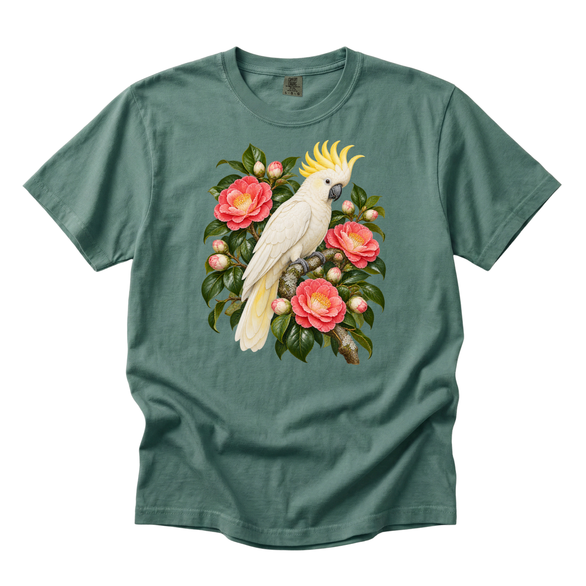 She Makes an Entrance premium cockatoo tee in Light Green, a cockatoo among coral-pink flowers