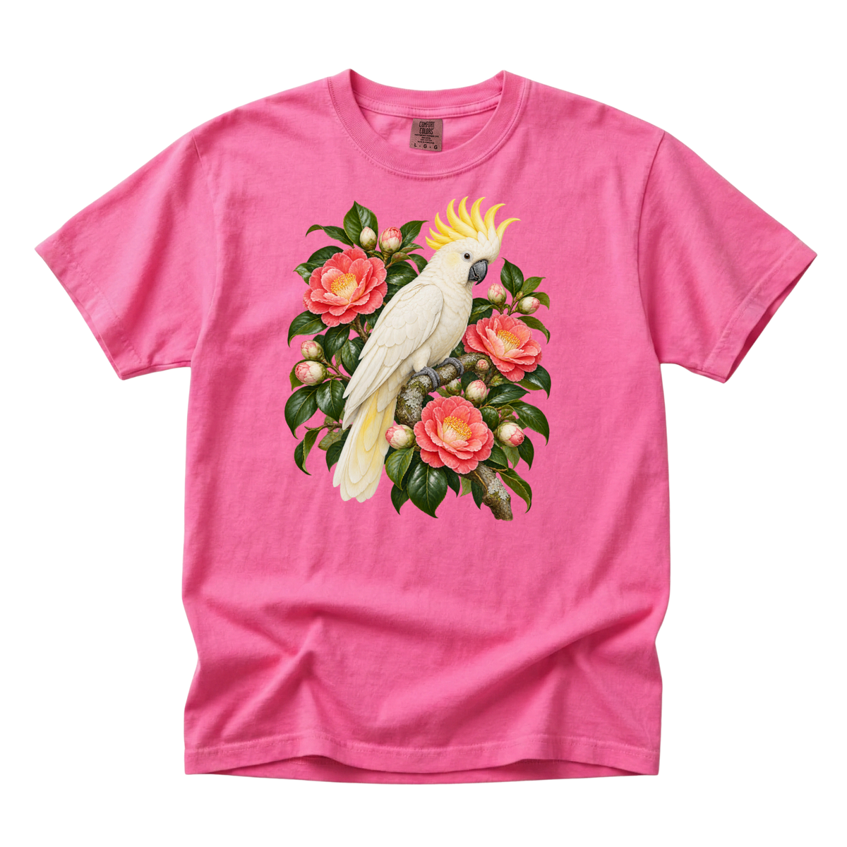 She Makes an Entrance premium tee in Neon Pink, a white cockatoo with golden crest among coral blooms