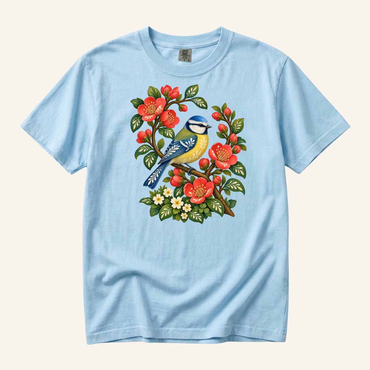 Folk Art Songbird & Red Blossom T-Shirt in Chambray — a blue and yellow songbird among red blossoms and patterned branches, sizes S to 4XL