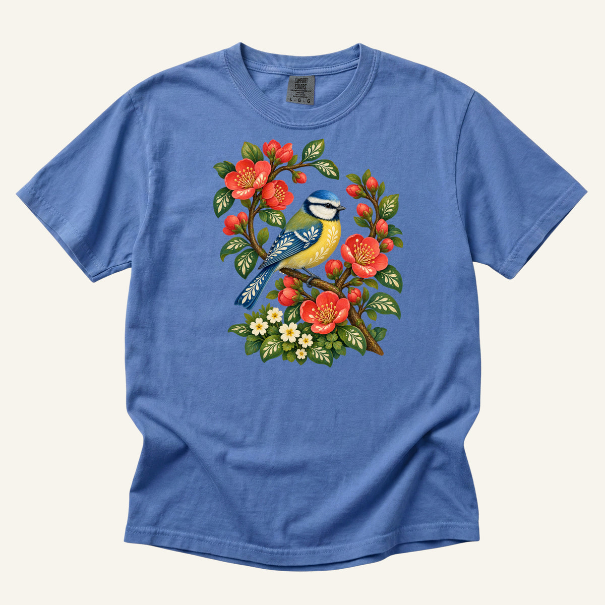 Folk Art Songbird & Red Blossom T-Shirt in Flo Blue — a richer blue setting for the red and yellow accents