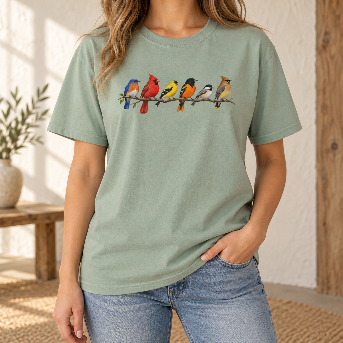 Colorful Birds on Branches t-shirt in Bay — six painted songbirds on one branch: chickadee, goldfinch, cedar waxwing, northern cardinal, Baltimore oriole and eastern bluebird, on a garment-dyed Comfort Colors tee