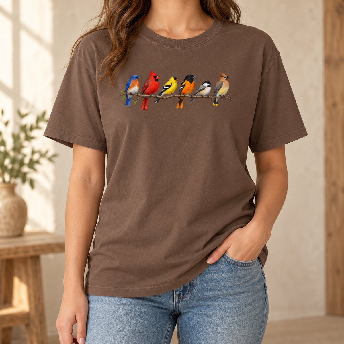 Colorful Birds on Branches t-shirt in Espresso — six painted songbirds on one branch: chickadee, goldfinch, cedar waxwing, northern cardinal, Baltimore oriole and eastern bluebird, on a garment-dyed Comfort Colors tee