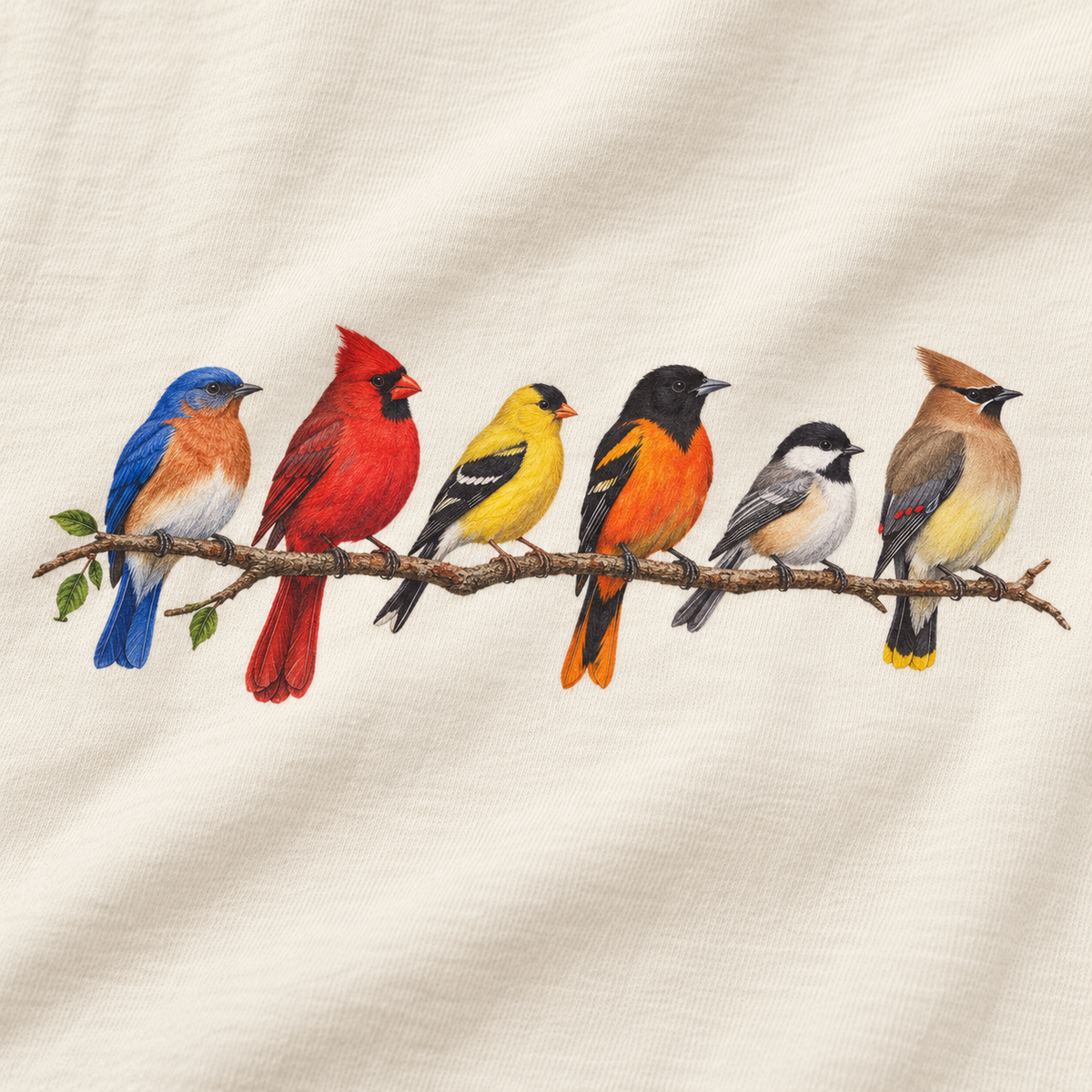 Close-up of the six songbirds print on an Ivory Comfort Colors tee — chickadee, goldfinch, waxwing, cardinal, oriole and bluebird on one branch