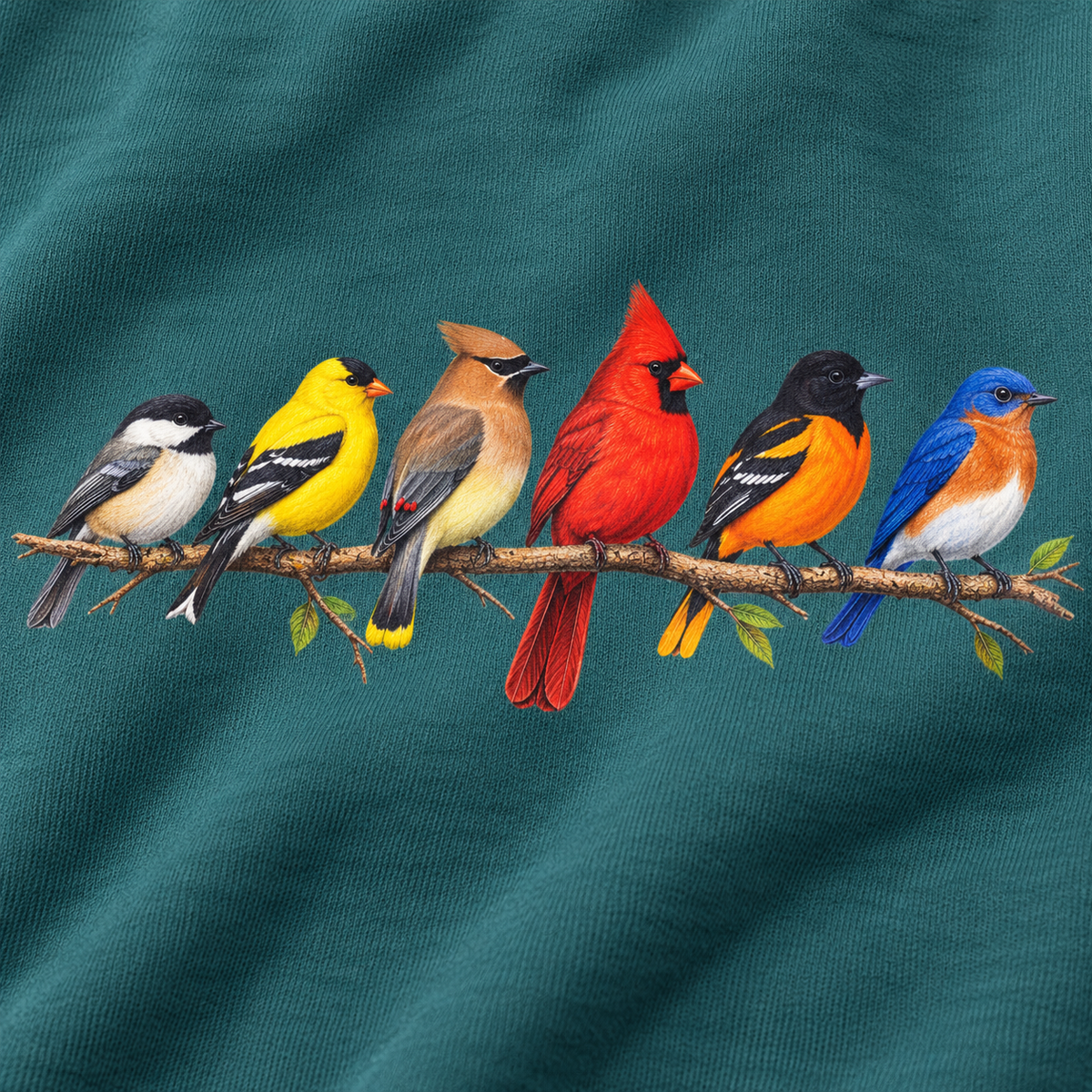 Close-up of the six songbirds print on a Blue Spruce Comfort Colors crewneck — chickadee, goldfinch, waxwing, cardinal, oriole and bluebird on one branch