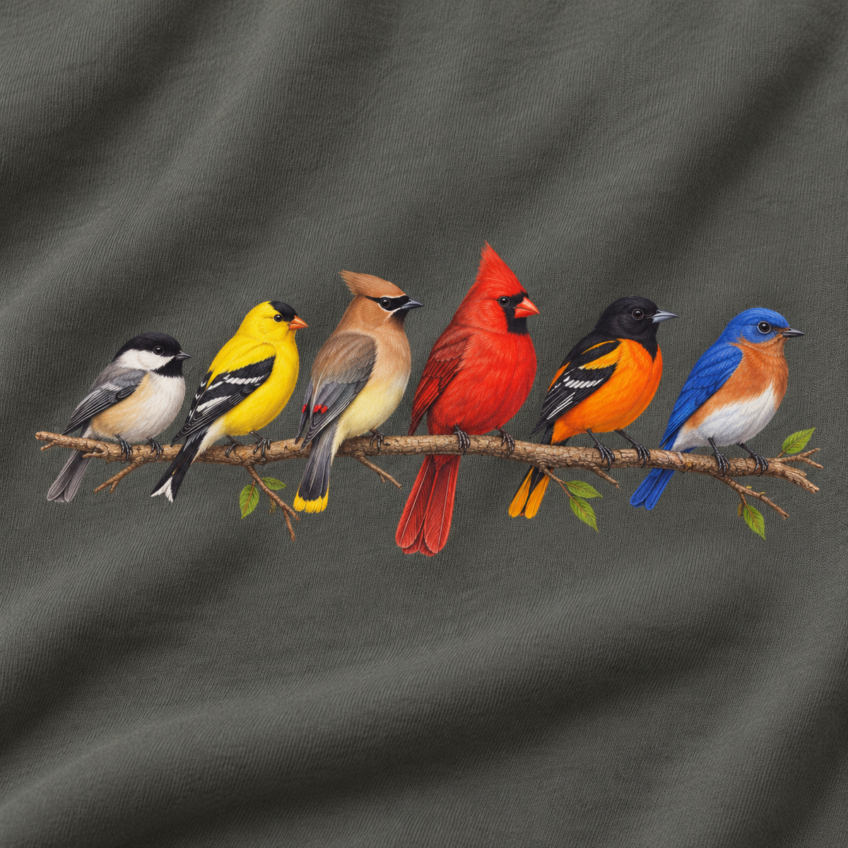 Close-up of the six songbirds print on a Pepper Comfort Colors crewneck — chickadee, goldfinch, waxwing, cardinal, oriole and bluebird on one branch