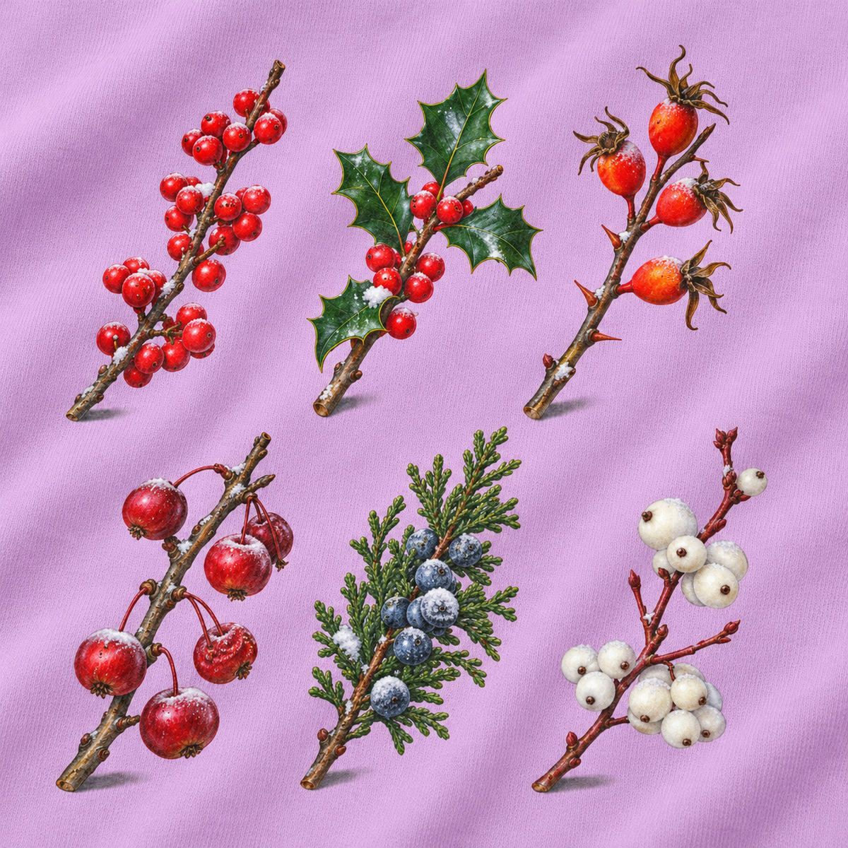 Close-up of the winter berries study print on a Orchid Comfort Colors crewneck - winterberry, holly, rose hips, crabapple, juniper and snowberry sprigs with frost