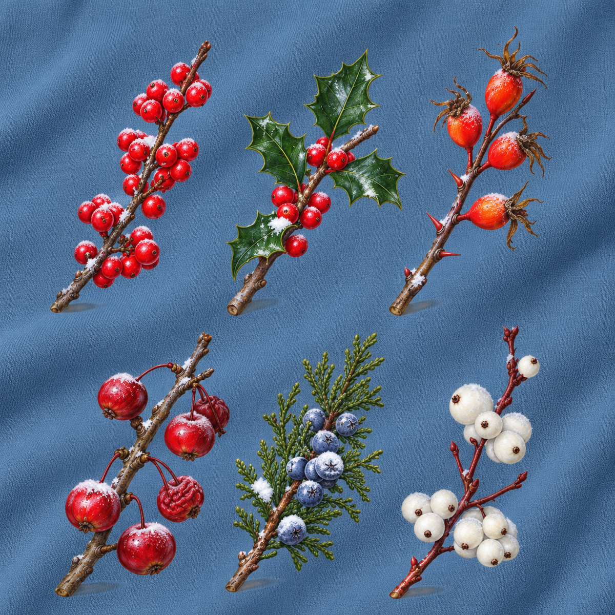 Close-up of the winter berries study print on a Blue Jean Comfort Colors crewneck - winterberry, holly, rose hips, crabapple, juniper and snowberry sprigs with frost