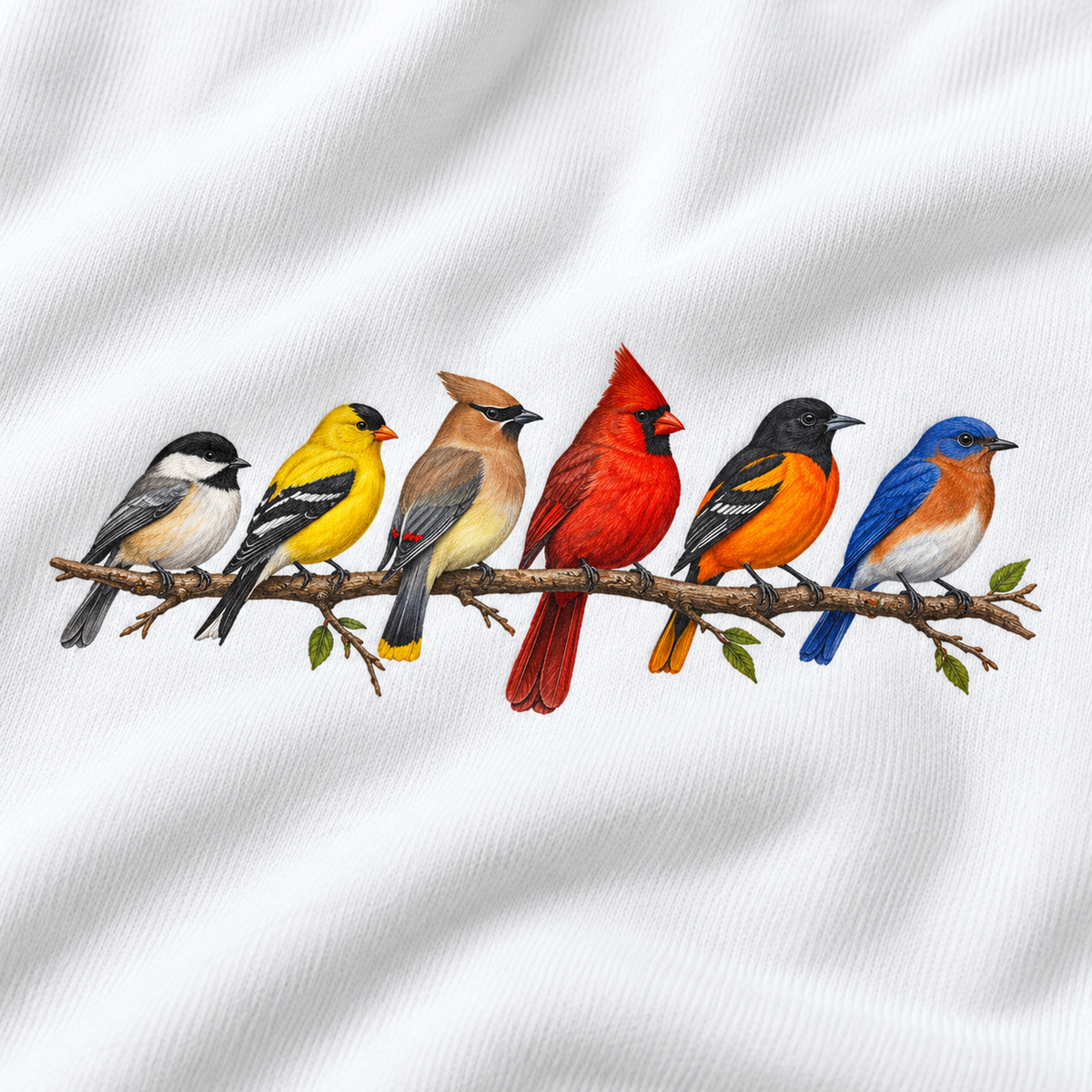 Colorful Birds on Branches sweatshirt in White — six painted songbirds on one branch: chickadee, goldfinch, cedar waxwing, northern cardinal, Baltimore oriole and eastern bluebird, on a garment-dyed Comfort Colors crewneck