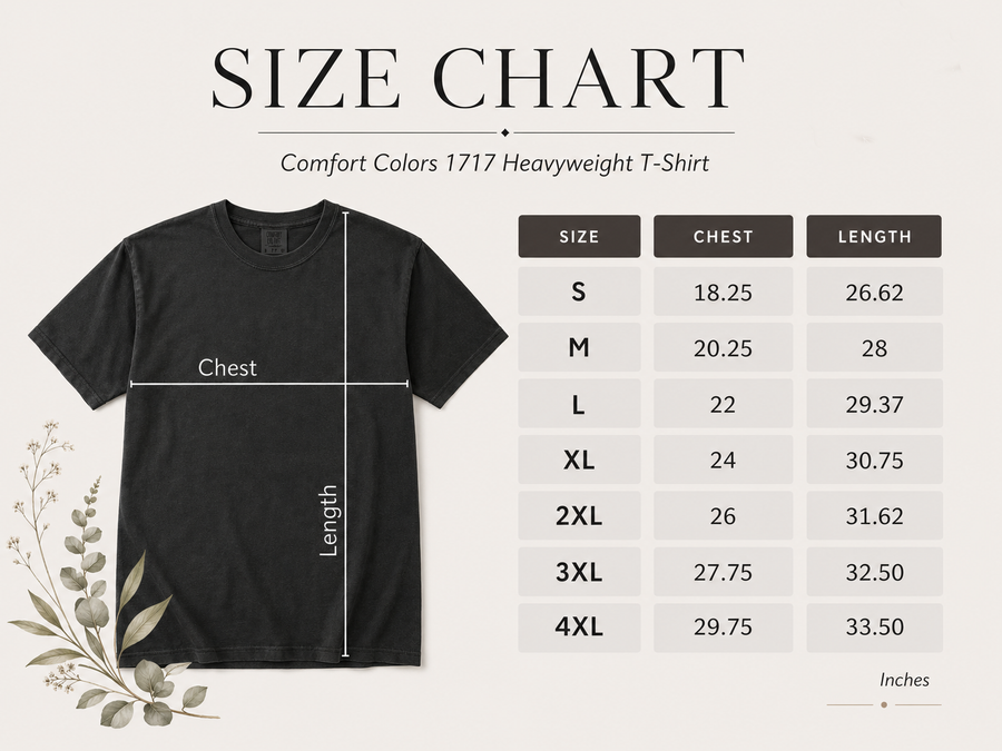 The Known Pack size chart for the Comfort Colors 1717 tee, showing chest and length measurements by size
