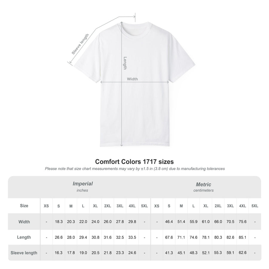 Comfort Colors 1717 official size chart with width, length, and sleeve length measurements for sizes S through 4XL