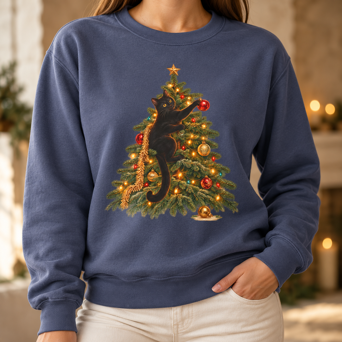 Black cat Christmas sweatshirt in Denim indigo worn by a woman in a candlelit holiday setting – black cat climbing a lit Christmas tree, red ornament