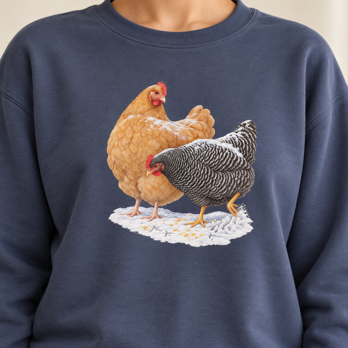 Winter hens sweatshirt in Blue Jean, seated – snow-dusted Buff Orpington and Barred Rock on a light washed denim Comfort Colors crewneck